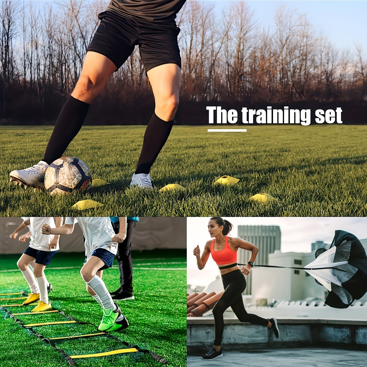 Football Training Equipment, Pro Speed & Agility Training Set With 1 Agility Ladder, 4 Steel Piles, 12 Disc Cones And 1 Resistance Umbrella