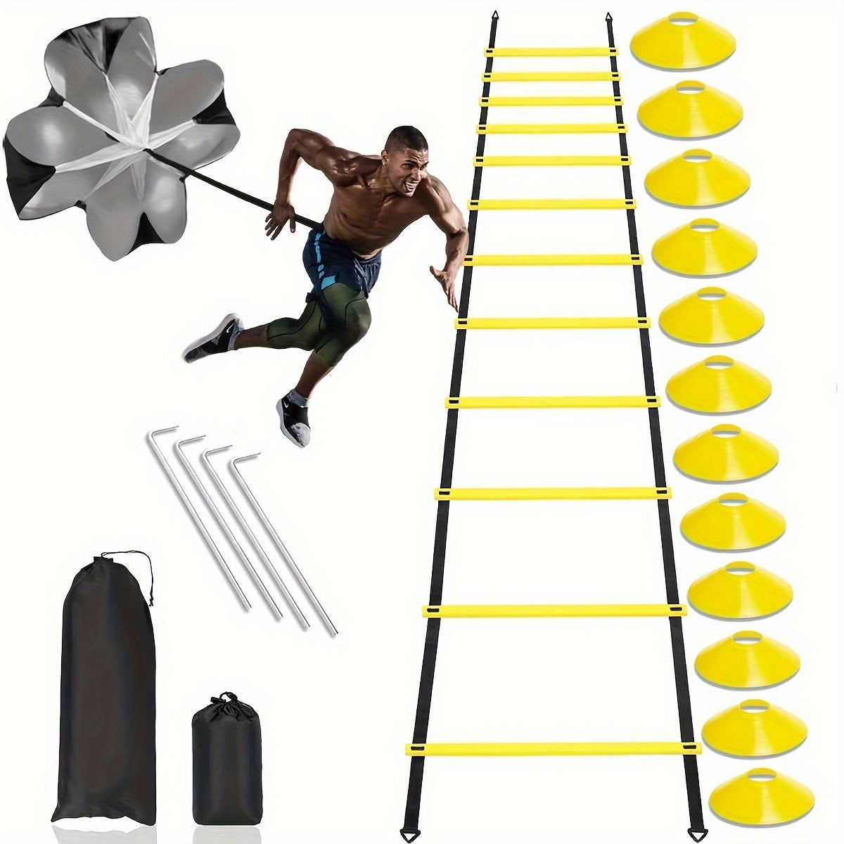 Football Training Equipment, Pro Speed & Agility Training Set With 1 Agility Ladder, 4 Steel Piles, 12 Disc Cones And 1 Resistance Umbrella